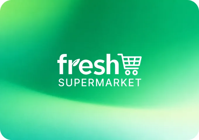 Обложка кейса Fresh supermarket: зелёный градиент с логотипом супермаркета